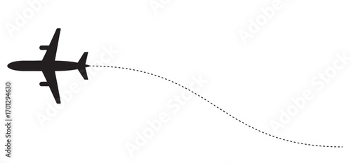 Airplane Flight Path Icon, Plane Silhouette with Curved Dotted Travel Route
