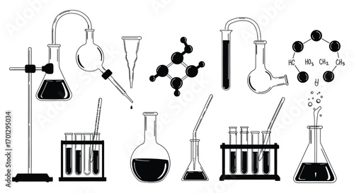 chemical reactions depicted through laboratory equipment silhouette