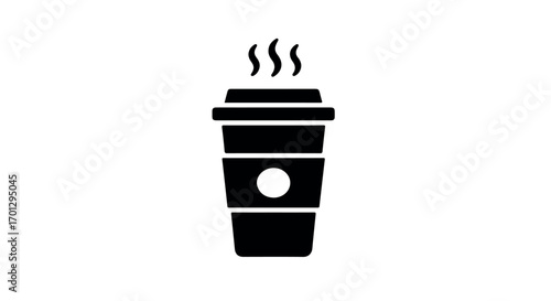 Illustration of a black and white coffee cup icon with steam coming from the top for use in web design, mobile apps, or print materials.