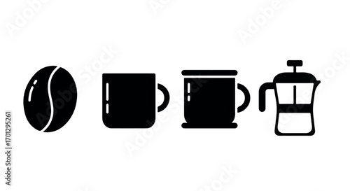 Coffee Bean, Mugs, and French Press Black Silhouette