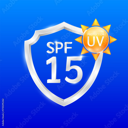 UV Protection. SPF 15 in silver shield protects against sunlight ultraviolet attacks and UVA UVB. For design cream skin care sunscreen cosmetic products. 3D Vector.