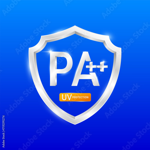 UV Protection PA+++ and Plus sign in silver shield on blue background. Protects against sunlight ultraviolet attacks and UVA UVB. For design cream skin care sunscreen cosmetic products. 3D Vector.