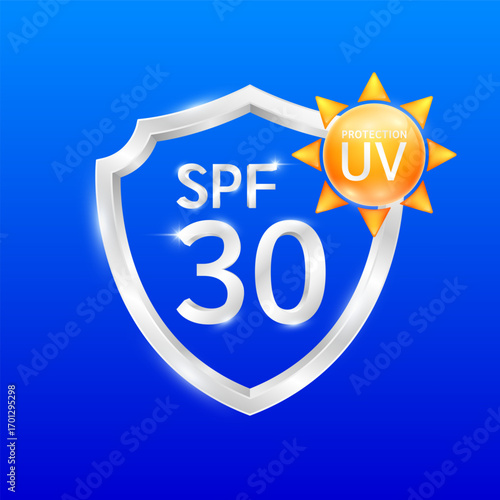 UV Protection. SPF 30 in silver shield protects against sunlight ultraviolet attacks and UVA UVB. For design cream skin care sunscreen cosmetic products. 3D Vector.