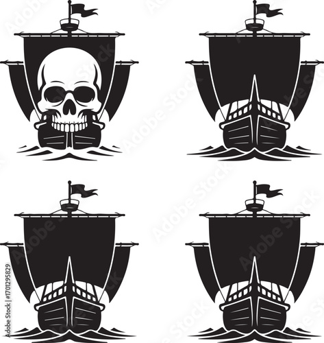 Four Black Silhouette Pirate Ships With Skull And Crossbones Flag sailing ship boat