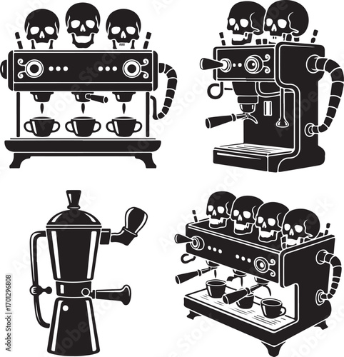 Coffee makers and espresso machines adorned with multiple skulls in black and white Keywords: coffee