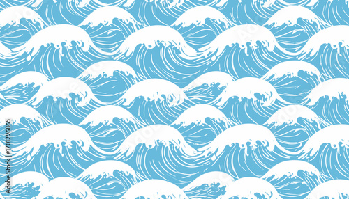 Seamless pattern of stylized blue ocean waves with white foam.