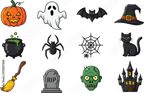 Halloween icons set, spooky pumpkin, ghost, bat, witch hat, cauldron, spider, zombie, haunted house, black cat, grave, broom