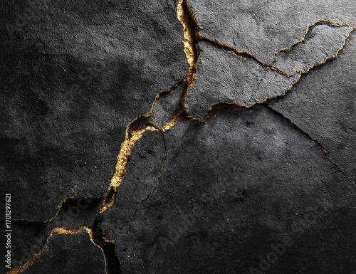 Dark cracked surface with gold fissures