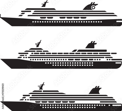 Three Black Silhouette Cruise Ship Side Profiles With Windows boat vessel