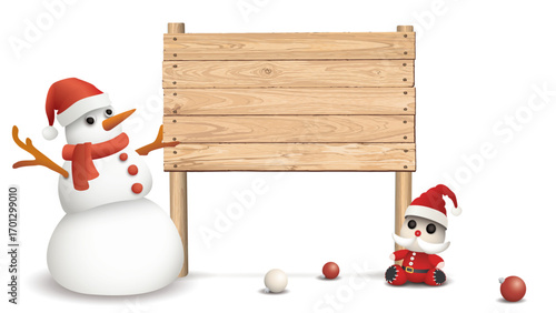 Blank whitewashed wooden signboard posts with 3D cute Santa Claus doll and freaky snowman on white background graphic illustration.