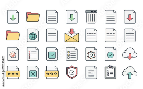 Collection of Flat Design Document and File Icons for Web and App Development Projects showing Various File Operations and Types