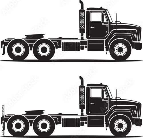 Two Black Silhouette Semi Trucks Side Profile on White Background tractor trailer eighteen wheeler
