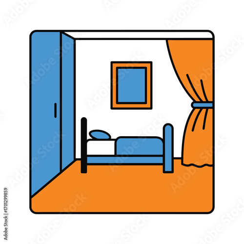 flat vector Cozy bedroom scene with bed, wardrobe, and curtain