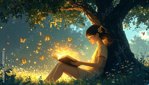 A young girl sits beneath a tree, bathed in golden light as she reads a magical book, surrounded by butterflies and sparkling light.