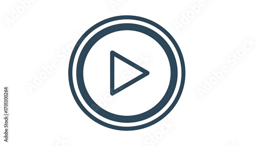 A simple, play, media, icon, featuring a dark-blue, outlined, double-ringed circle, containing a pointed, right-pointing triangle.