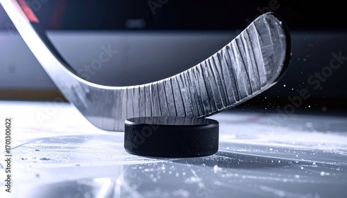 Hockey Stick and Puck on Ice