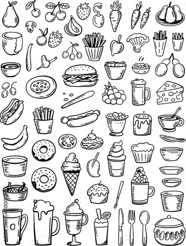 Hand Drawn Doodle Food and Drink Collection With Fruits Vegetables and Fast Food vector illustration