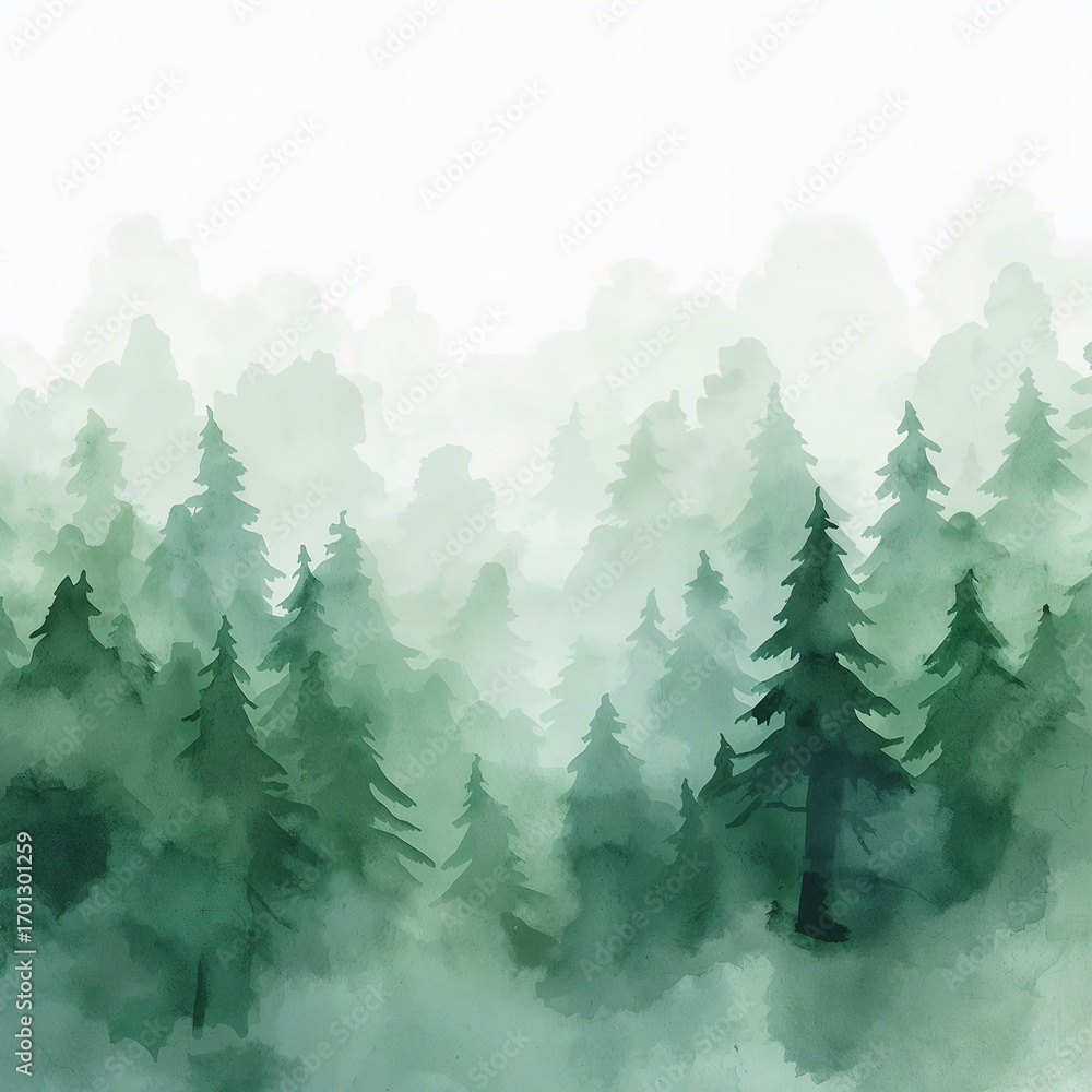 Fototapeta premium Misty Watercolor Forest Landscape with Morning Fog for Minimalist Wall Art