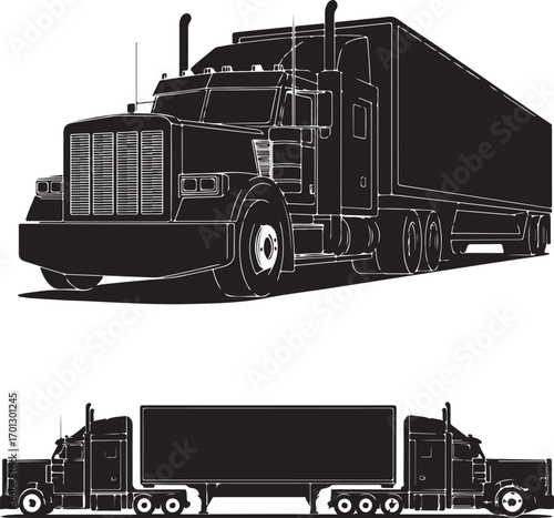Semi Truck Front and Side View Silhouettes With Trailer lorry freight truck