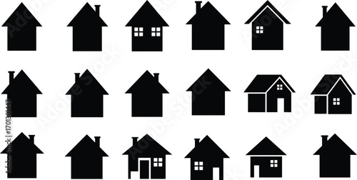 Silhouette collection of simple house icons, residential buildings, minimal home design, suburban cottages, black vector illustration, real estate graphic elements