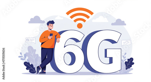 A flat design illustration showcases a friendly person holding a smartphone, leaning against a large 6G logo. EPS Vector