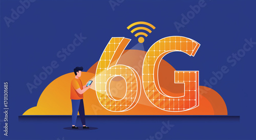 A stylized illustration depicts a person holding a smartphone, projecting a 3D holographic representation of the number "6G" onto a backdrop. EPS Vector