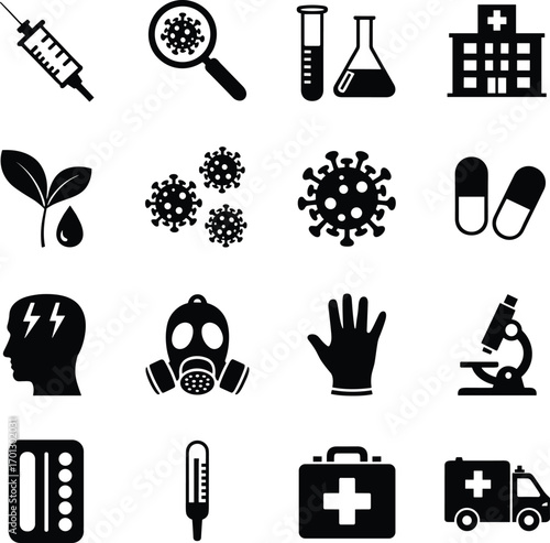 Medical and virus icons set with syringe and microscope Keywords: medical, health, virus, coronavirus, science, research