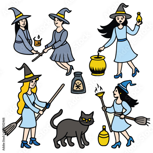 Whimsical witches creating magic with brooms, potions, and a black cat companion