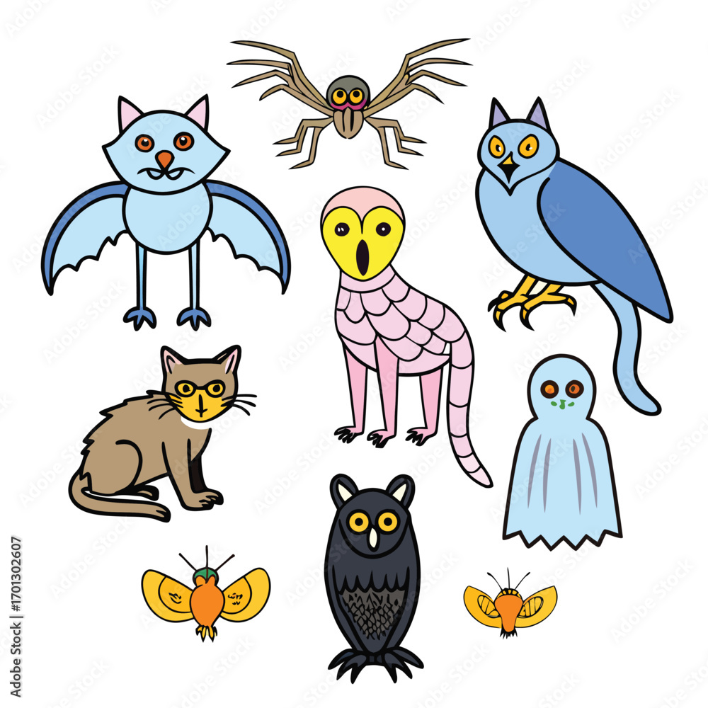 Obraz premium Whimsical Halloween creatures set spooky fun cartoon style for festive designs and playful themes