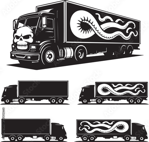 Black and White Illustrations of Box Trucks with Skull and Tentacle Graphics lorry freight truck