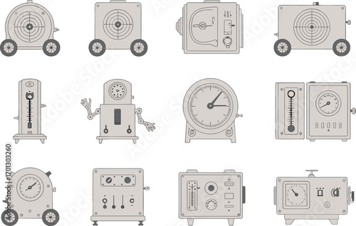 Vintage mechanical devices and robots in a flat design style machine retro