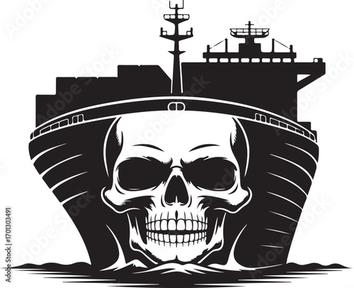 Skull and Cargo Ship Silhouette with Waves on White Background container ship freighter