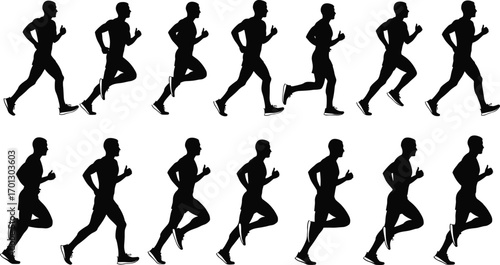 Silhouette of man running, jogging, fitness exercise, athletic training, sport workout, black runner icons, health lifestyle, marathon illustration vector