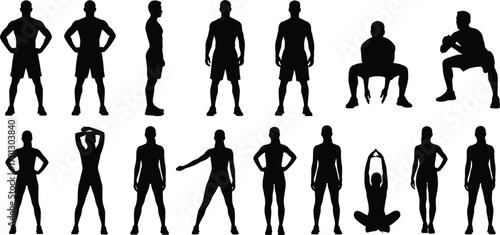 Silhouette of men and women fitness poses, workout exercise, stretching, squats, standing posture, gym training, health lifestyle vector illustration