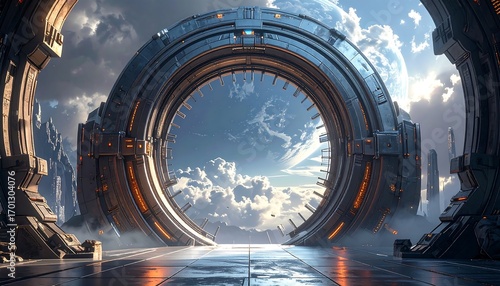 A massive, metallic ring-shaped portal opens to a breathtaking vista of a distant planet and cloudy sky.