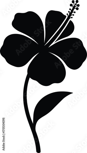 vector silhouette, hibiscus five broad petals with protruding style, single stem, solid black