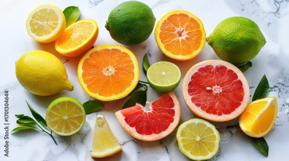 Fototapeta premium Colorful Citrus Fruits Sliced Lemons Limes Oranges Grapefruit on White Marble Surface