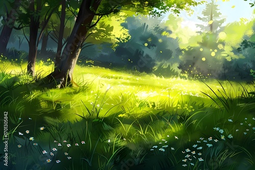 
Vibrant and detailed grassy meadow with natural sunlight streaming through, emphasizing texture and serenity in a countryside setting