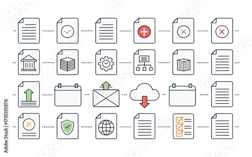 Modern Paper Document Icons Representing Different Actions and Concepts in Digital File Management Systems