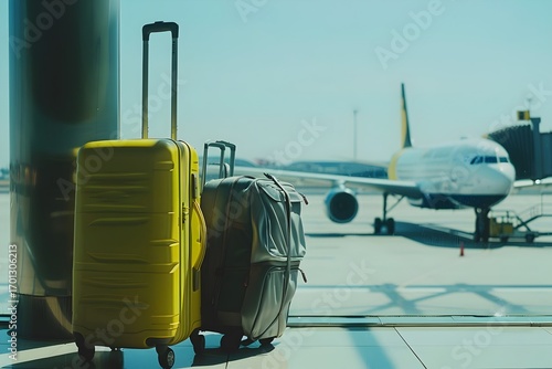 
Two suitcases on the airport floor with an airplane in the background, in a stock photo style, with a blurred blue sky and window frame.