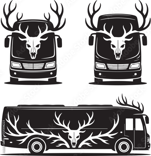 Black and white illustration of a bus with deer skull and antlers graphic coach vehicle