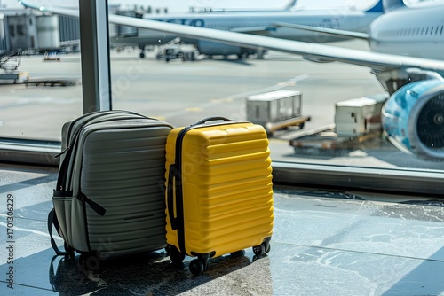 
Two suitcases on the airport floor with an airplane in the background, in a stock photo style, with a blurred blue sky and window frame.