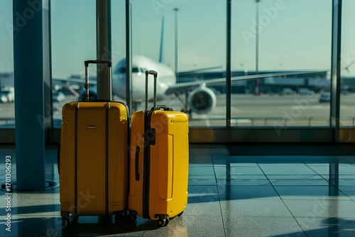
Two suitcases on the airport floor with an airplane in the background, in a stock photo style, with a blurred blue sky and window frame.