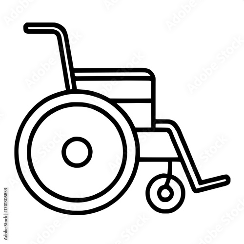Functional Blueprint Look – “A crisp, solid black outline of a wheelchair, constructed with geometric precision, seat, backrest, and footrest clearly visible, positioned left-facing on a white backgro