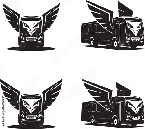 Black silhouette of a bus with eagle skull and wings emblem from different angles vector
