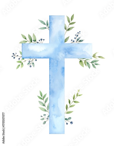 Blue watercolor cross, floral, baptism invite