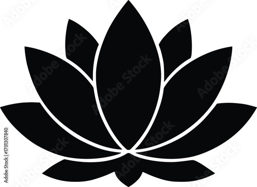 vector silhouette, lotus flower top view with layered petals, solid black