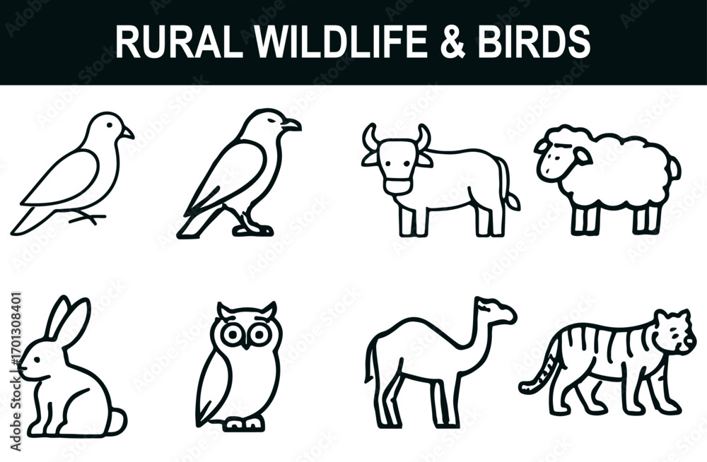 Fototapeta premium Rural Wildlife & Birds Icon Set – Black Line Art of Cow, Sheep, Rabbit, Owl, Camel, Tiger, Pigeon & Crow for Educational, Cultural & Biodiversity Projects