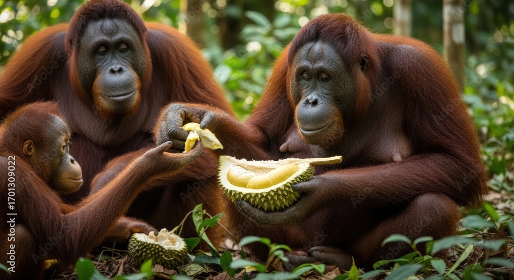 Naklejka premium Family of orangutans sharing a durian fruit in a lush green forest environment.