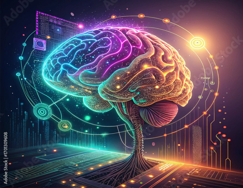 Futuristic Neon AI Brain Circuit